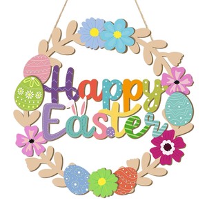 KingWIN Easter Wreath Round Wooden Bunny Egg Pendant Reusable Home Party Decoration - Product Image 5
