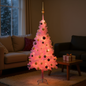 Albero di Natale Artificiale in PVC Rosa 120 cm Pre-Illuminato con Set di Palline LED Bianco Caldo per Interni Leggero Facile da Installare - Product Image 2