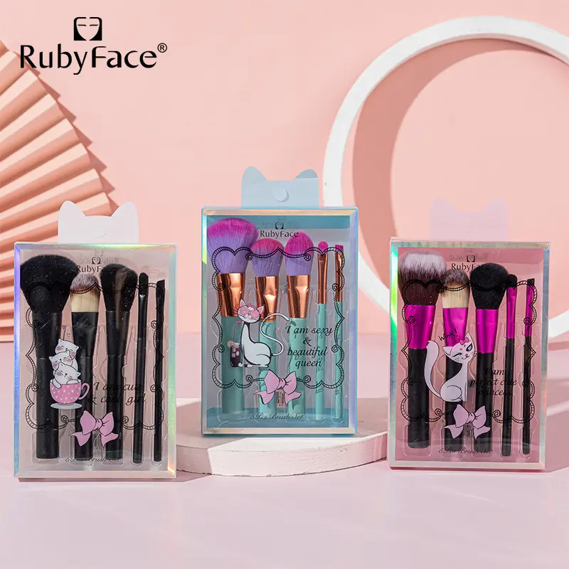 RUBYFACE spot 5 pennelli per trucco con manico in legno confezione regalo per animali domestici cipria in polvere per fard strumento per il trucco dell'ombretto