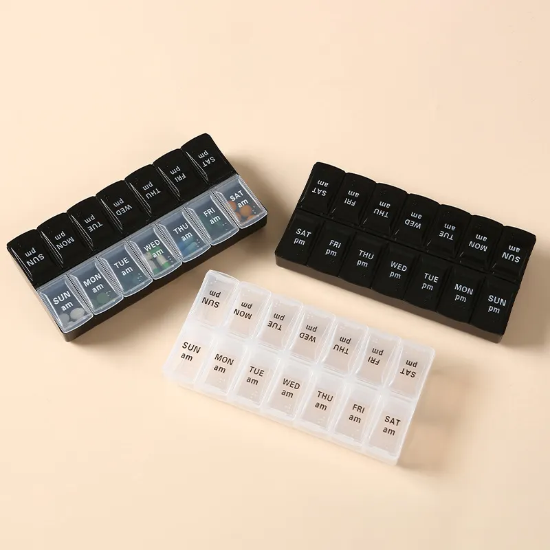 Organizador de pastillas personalizado (dos veces al día) caja de tableta de almacenamiento semanal AM/PM con tapas 14 rejillas de plástico 7 días pastillero de bolsillo de viaje