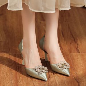 6693C-081 Satin Stiletto Heels Pointed Toe Rhinestone Pearl Decor Fashion Trend Women's Shoes <b>Back</b> Strap Microfiber Leather - Product Image 3