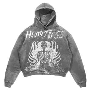 Sweat à capuche vintage personnalisé délavé à l'acide |   Pull-over Streetwear à motif squelette |   Polaire surdimensionnée de 400 GSM, poids lourd - Product Image 1
