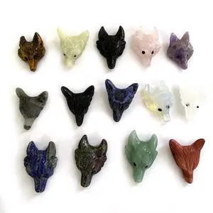 Figurines d'animaux en cristal de Quartz, 20 pièces, pendentif en têtes de loup sculptées, sculptures à vendre, vente en gros