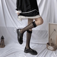 Chaussettes noires et blanches fines en dentelle à volants pour femmes, JK Lolita, chaussettes hautes