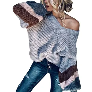 2019 Fall Winter patchwork kleur trui jumper patroon dames stijlvolle gebreide trui kasjmier trui dame