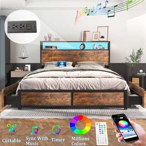 AJUNION <span class=keywords><strong>Lit</strong></span> industriel en bois et métal Cadre <span class=keywords><strong>de</strong></span> <span class=keywords><strong>lit</strong></span> plate-forme Queen Size avec lumière LED Station <span class=keywords><strong>de</strong></span> charge USB Tête <span class=keywords><strong>de</strong></span> <span class=keywords><strong>lit</strong></span> à 4 tiroirs <span class=keywords><strong>de</strong></span> rangement - Product Image 1