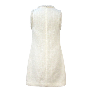 Vestido Mini sin Mangas de Tweed Crema para Mujer, con Adorno de Perlas, Cuello Alto y Detalle de Lentejuelas, Ideal para Invitadas de Boda o Fiestas - Product Image 2