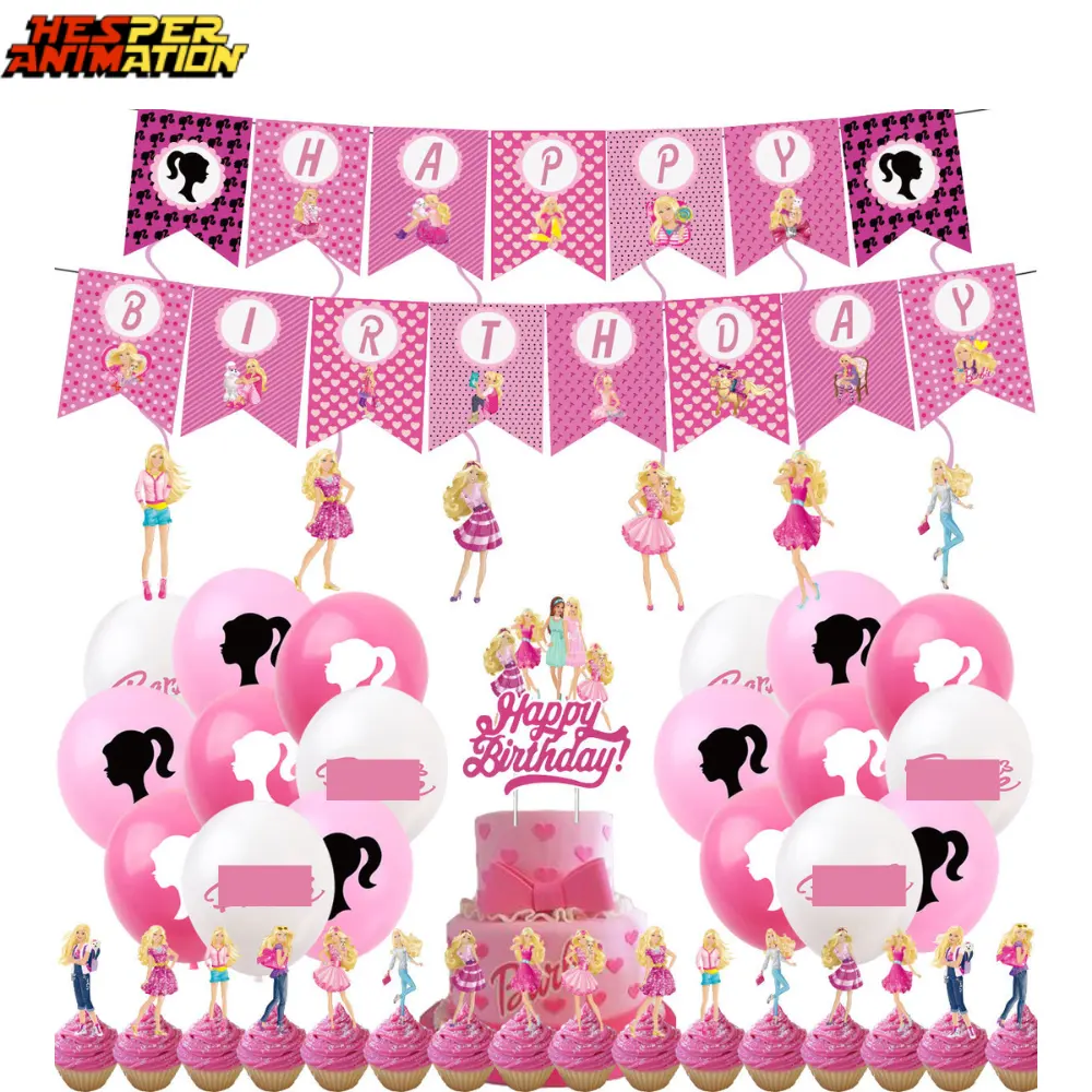 2 Styles Set Babi Girls Birthday Party Holiday Supplies Pink Doll Theme Balloon Flag Decoration Birthday Party Supplies Set