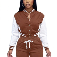 Jaket Varsity Wanita Cokelat Putih Lengan Panjang Kerah Kancing Model Lengan Penuh Panjang Pendek Warna Kontras Pola Solid Pakaian Musim Gugur