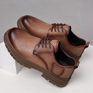Men's Brown <b>Leather</b> Chunky Shoes Lace-Up Casual <b>Work</b> <b>Boots</b> Solid Color Low-Top Retro Style - Product Image 3