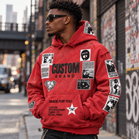 Sweat à capuche pour homme en French Terry 450 g/m² avec strass, effet délavé soleil, délavé boue, coupe ample, effet usé, style streetwear, rouge personnalisé, sur mesure