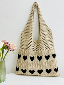 Vente chaude Style Femmes Tricoté Sac Fourre-Tout Tricot Crochet Sac Fourre-Tout Simple Doux Coeur Motif Grande Capacité Sac À Main - Product Image 6