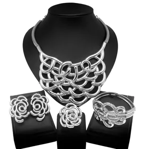 wholesale latest fashion pakistan bridal wedding jewelry set dubai 24k luxury romantic round silver color jewelry set for ladies