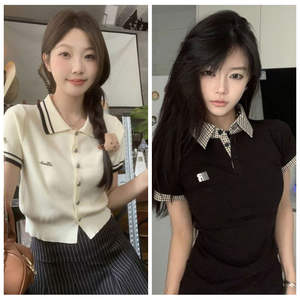 Camiseta de Punto con Cuello Polo Gris Básico de Alta Gama Estilo Retro Americano, de Manga Corta y Hombros Descubiertos para <span class=keywords><strong>Mujer</strong></span>, Diseño Veraniego - Product Image 4