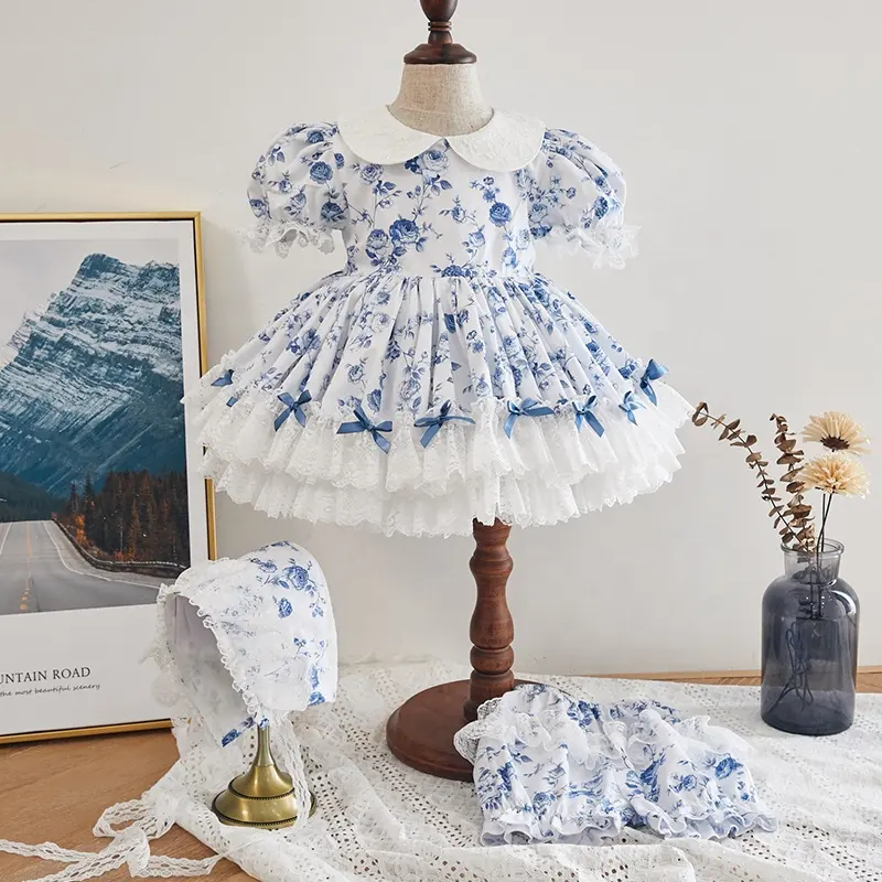 3Pcs Set Lolita Europa Ontwerp Kleding Blauw Bloemen Wedding Party Verjaardag Jurken Baby Meisjes Spaans Jurk