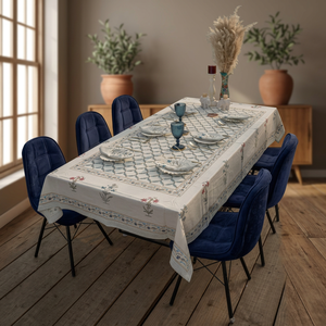 Nappe rectangulaire en coton et lin imprimé floral de haute qualité, faite à la main, lavable, style classique, motif bleu et blanc, pour usage domestique - Product Image 2