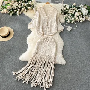 LE2075 Bohemian Retro Holiday Style Set Heavy Embroidery Cardigan Top With Design Sense Fringe Skirt