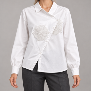 <b>Womens</b> Floral Embroidered Blouse Asymmetric Button Front Collared Long Balloon Sleeves <b>Loose</b> Fit Wrap <b>Shirt</b> Wholesale - Product Image 1