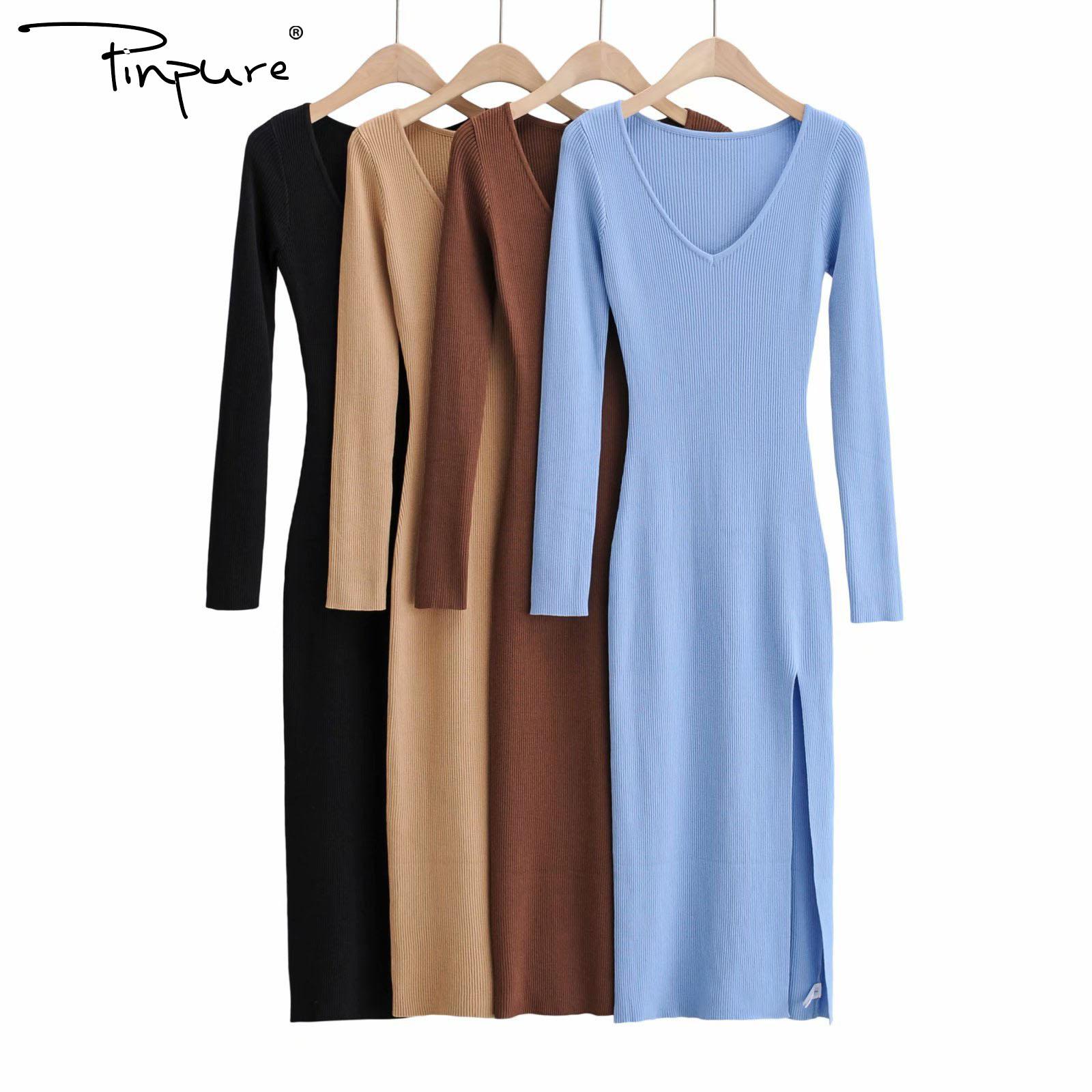 Новинка Осень-Зима Красивый Модный трикотажный кардиган с V-образным вырезом и длинными рукавами платье средней длины R51094S