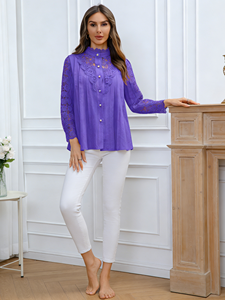 Chemisier décontracté en mousseline brodée unie à manches longues et dentelle grande taille Joyinspring Printemps/Été 2026 pour femme – En stock - Product Image 1
