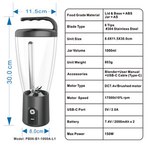 เครื่องปั่นพกพาขนาด 1000 มล. ชาร์จผ่าน USB ไร้สาย สำหรับปั่นผลไม้สดและผัก กำลังไฟ 150 วัตต์ เครื่องทำน้ำผลไม้สมูทตี้สำหรับใช้งานนอกบ้าน - Product Image 6