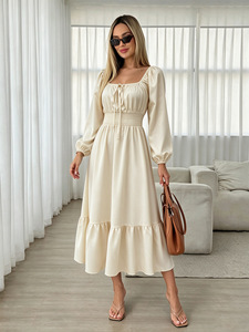 2026 Women's <b>Summer</b> New Square Neck <b>Long</b> Sleeve Puff Sleeve Belted Design Bodycon Ruffled Dress - Product Image 1