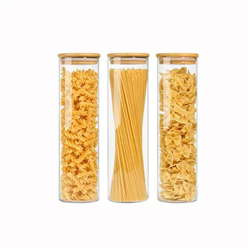 Set of 3 Glass Pantry Storage Container for Noodles Spaghetti Pasta Storage Container with Lid Tall Clear Airtight Food