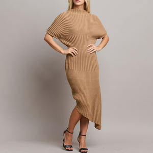 सर्दियों के नए यॉर्क फैशन वीक फ्लोर लंबाई मंडिरिन कॉलर स्किनी बॉडीकॉन हाई खिंचाव असममित स्वेटर पोशाक - Product Image 5