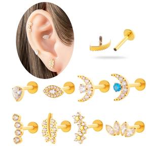 Boucle d'oreille Tragus en Titane ASTM F136 G23, plaqué or PVD, poli miroir, pour enfant, forme couronne, filetage interne, sertie <span class=keywords><strong>de</strong></span> zircone cubique taille <span class=keywords><strong>Marquis</strong></span> à griffes - Product Image 1