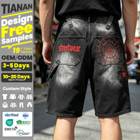 Pantalones Cortos de Mezclilla Vintage Anchos y Holgados con Bordado de Araña y Parches Estilo Y2K, Marca OEM Tianan, Proveedor Líder, Lavado a la Piedra, Estilo Urbano