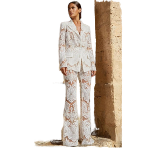 <span class=keywords><strong>Elegante</strong></span> abito da donna formale <span class=keywords><strong>in</strong></span> <span class=keywords><strong>pizzo</strong></span> bianco con paillettes con decorazione a bottoni Blazer e pantaloni da donna per l'autunno e l'inverno - Product Image 1