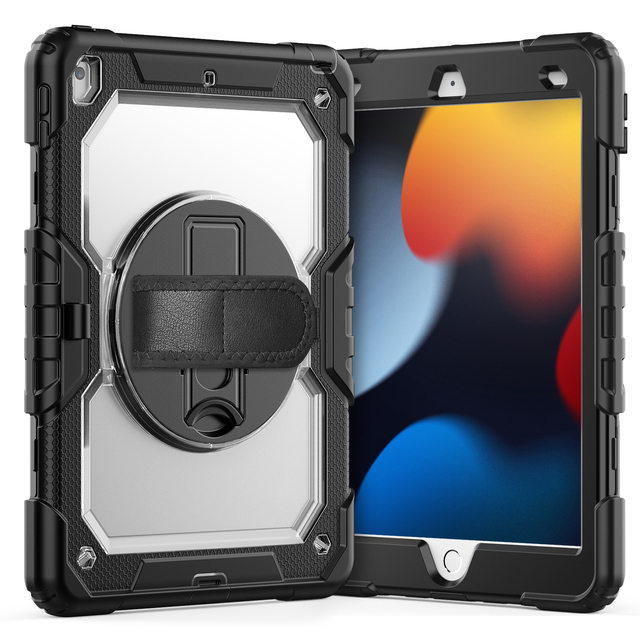Transparent Back 360 Rotation Rugged Case with Hand Strap for IPad 10.2 Inch IPad 7th Generation 3-Layer Multi-Functional Case
