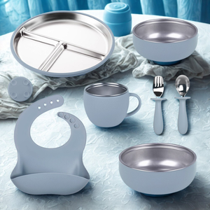 Non-Slip #304 <span class=keywords><strong>Stainless</strong></span> <span class=keywords><strong>Steel</strong></span> Silicone Baby Feeding Set Com Sucção Dividido Placa <span class=keywords><strong>Bowl</strong></span> Spoon Fork Bibs para Infantil - Product Image 6