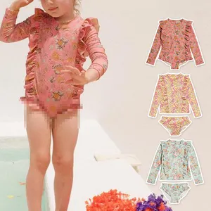 Maiô personalizado de duas peças para meninas com babado de manga comprida para crianças com proteção infantil em oferta