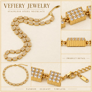 Collier rectangulaire en or avec blocs de cristaux pavés pour femme, bijoux de fête, vente en gros d'usine - Product Image 4