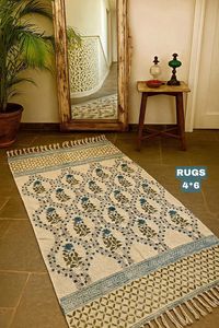 Floral Block Print Cotton <b>Rug</b> 4x6 Handmade Carpet with Tassels <b>Boho</b> Floor Mat Living Room Bedroom Decor - Product Image 3