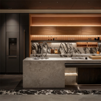 Meubles de cuisine modulaires européens modernes JINGSHUN avec éclairage LED, plan de travail en marbre artificiel, meubles en bois, robinet certifié CE