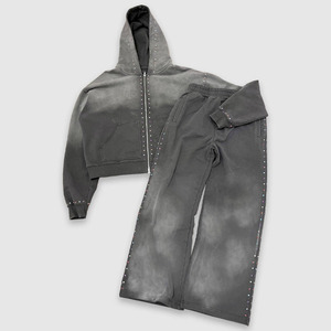 Survêtement streetwear à capuche, couleur unie, détails en strass, fermeture éclair, respirant, polyester, coupe ample, tenue décontractée - Product Image 1