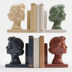 Par de sujetalibros personalizados con rostro de mujer, juego de cerámica 3D con detalles pintados a mano para decoración de oficina - Product Image 1