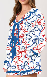 Summer Independence Day Red Blue Bow Ribbon Print Long Sleeve Shirt <strong>Shorts</strong> Pajama Set Women - Product Image 2