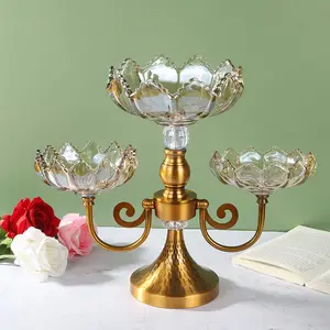Lotus Shape Tawny Glass 3 Heads Dessert Fruit Bowl With Metal Stand