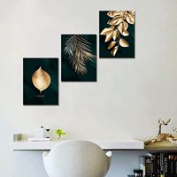 Lot de 3 tableaux muraux modernes dorés sur le thème botanique pour salles de bain, salons et chambres – Décoration murale avec images imprimées sur toile de plantes vertes