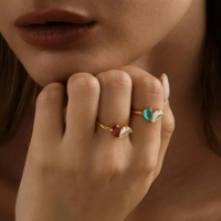 Bague double goutte d'eau en acier inoxydable plaqué or 18 carats avec pierres de naissance des 12 mois, bague cœur double pierre de naissance DIY, cadeau d'anniversaire - Vente chaude