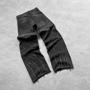 بنطلون جينز رجالي فضفاض بتصميم عصري مخصص OEM/ODM، ملابس الشارع على طراز الهيب هوب Y2K، بنطلون دنيم كاجوال مطرز ومغسول للرجال - Product Image 5