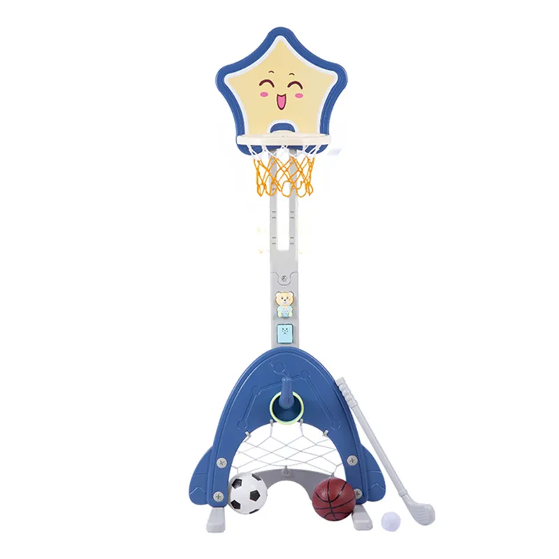 Niños dibujos animados animales interior plástico baloncesto soporte fútbol juego música baloncesto aro deportes con golf hockey juguete conjunto
