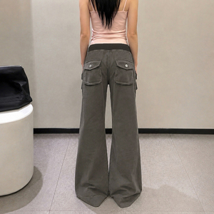 Pantalon cargo en denim pour femme, coupe ample, taille haute élastique avec empiècements côtelés extensibles, jean évasé multipoches style streetwear - Product Image 5