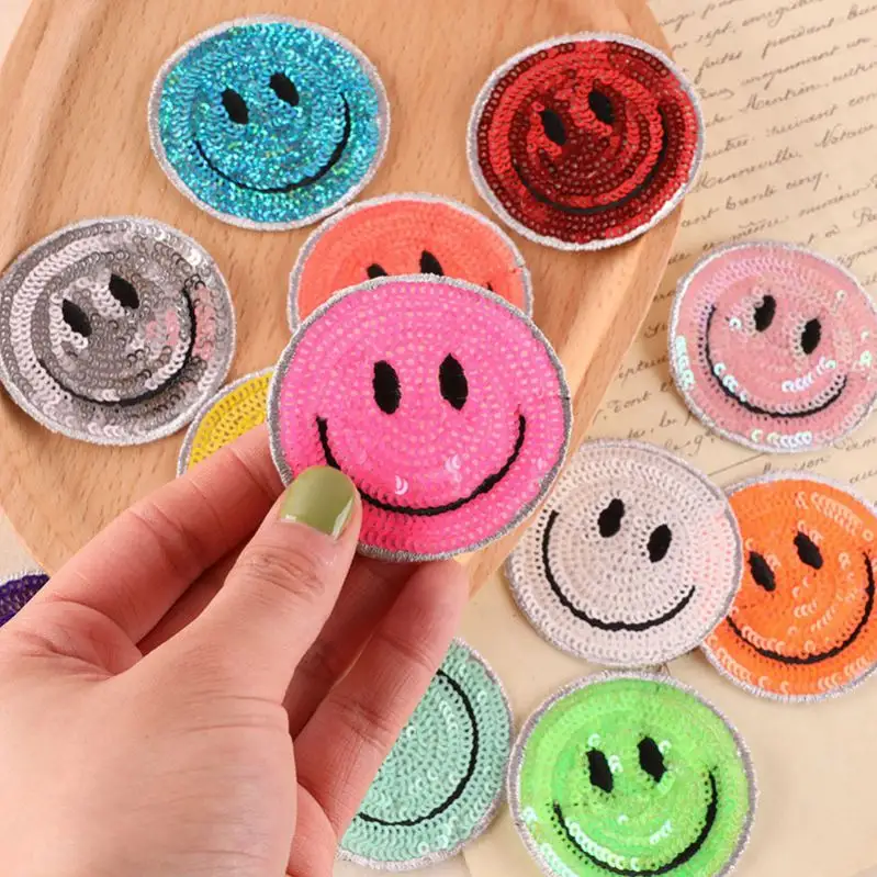 Pailletten Smiley Face Heat Press Patches Ijzer Op Patch Voor Kleding