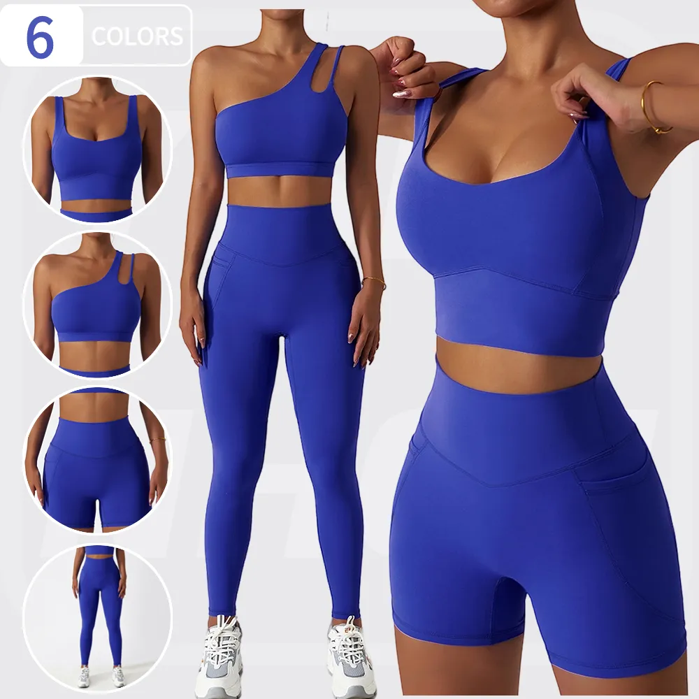 YISHENHON النساء 4 قطع تنفس Activewear مجموعة توسيع الأشرطة كتف واحد الرياضة الصدرية عالية الخصر جيب تجريب طماق