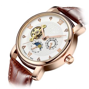 <span class=keywords><strong>Montre</strong></span> mécanique <span class=keywords><strong>à</strong></span> cinq aiguilles incrustée de diamants, <span class=keywords><strong>montre</strong></span> squelette tourbillon soleil lune étoile avec bracelet en cuir pour homme - Product Image 2