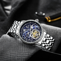 Jam tangan mekanis pria otomatis penuh kustom fungsi fase bulan Bumi jam tangan Tourbillon pria tahan air bercahaya kuat.